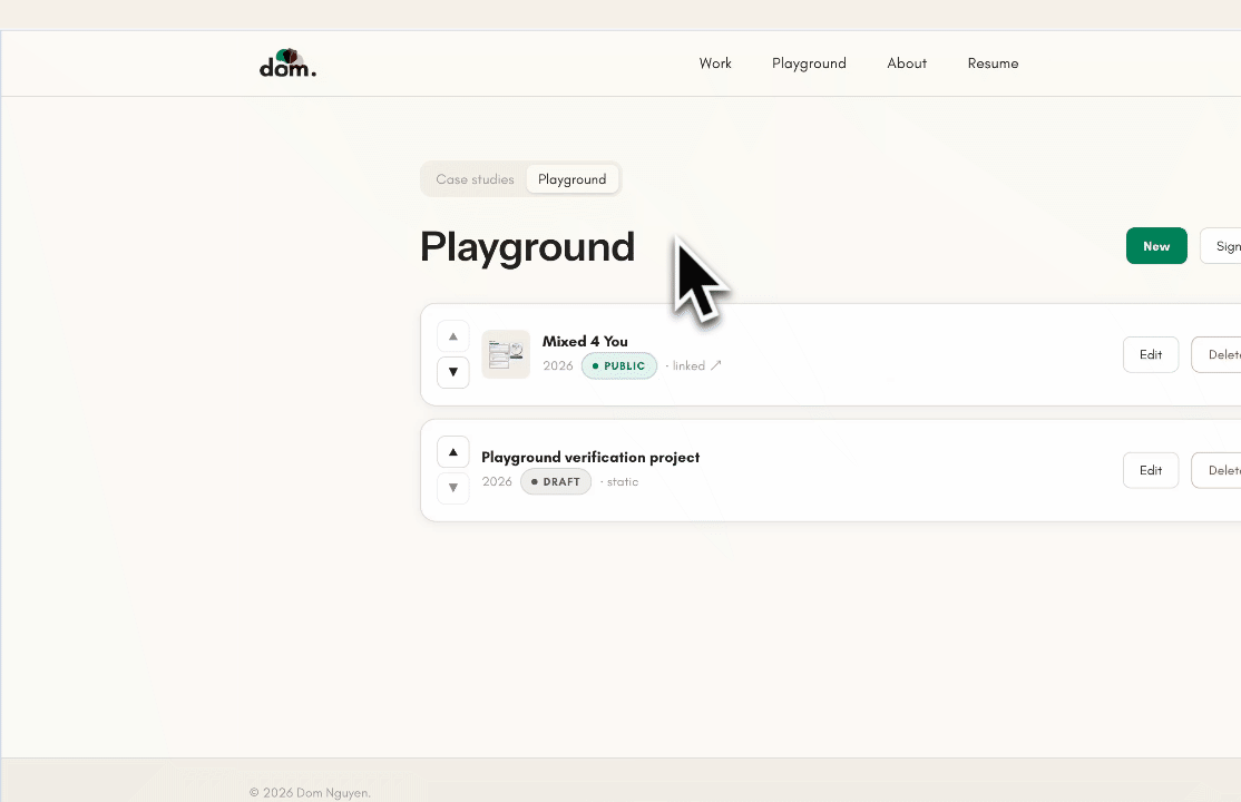 Demo of the content management system for Dom's portfolio